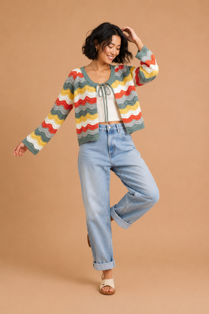 Isla Loose Fit Open Front Wave Striped Cardigan