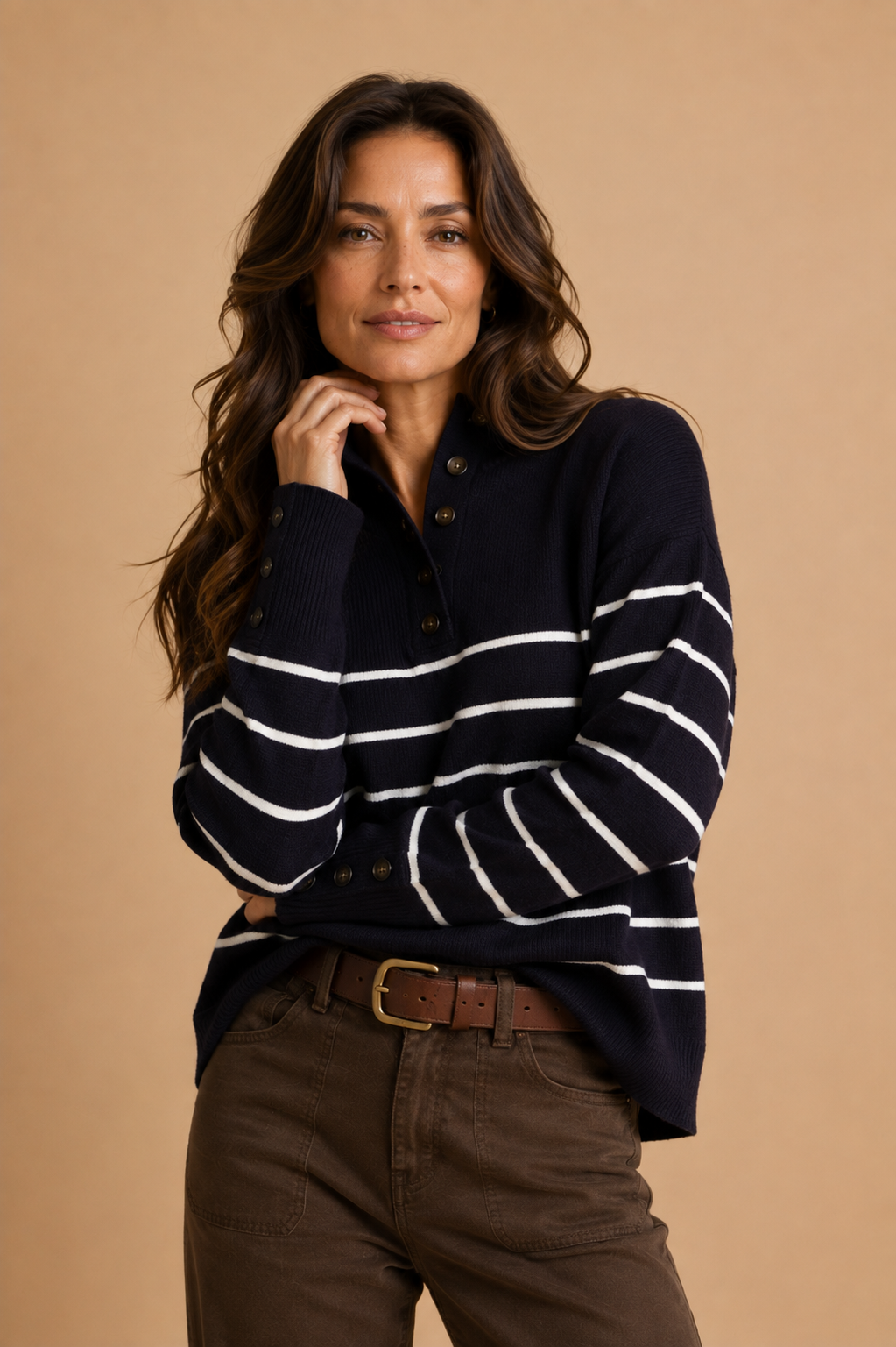 Maeve Striped Half Button Up Sweater Top