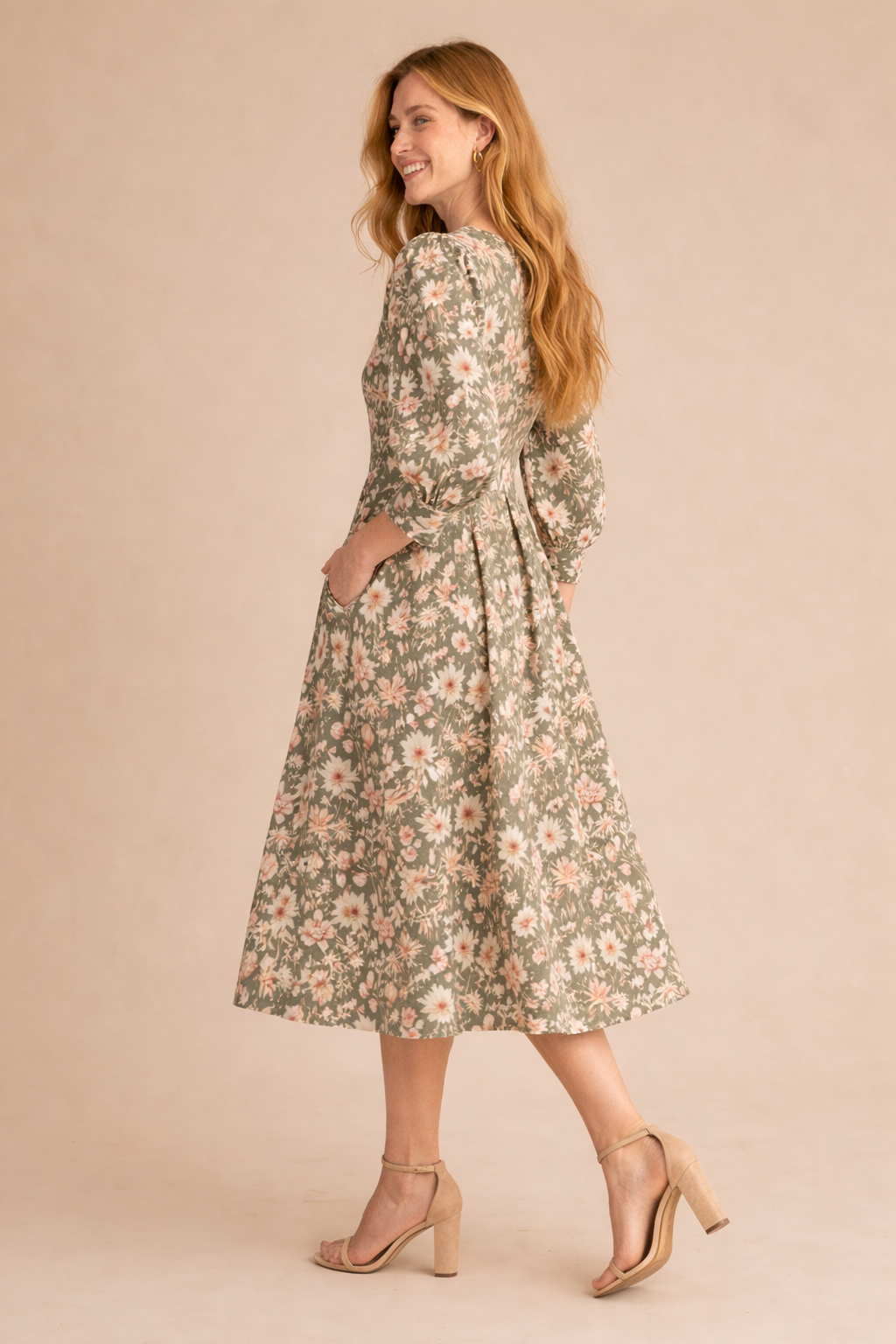 Nora Floral Print Pleated Waist Midi Dress