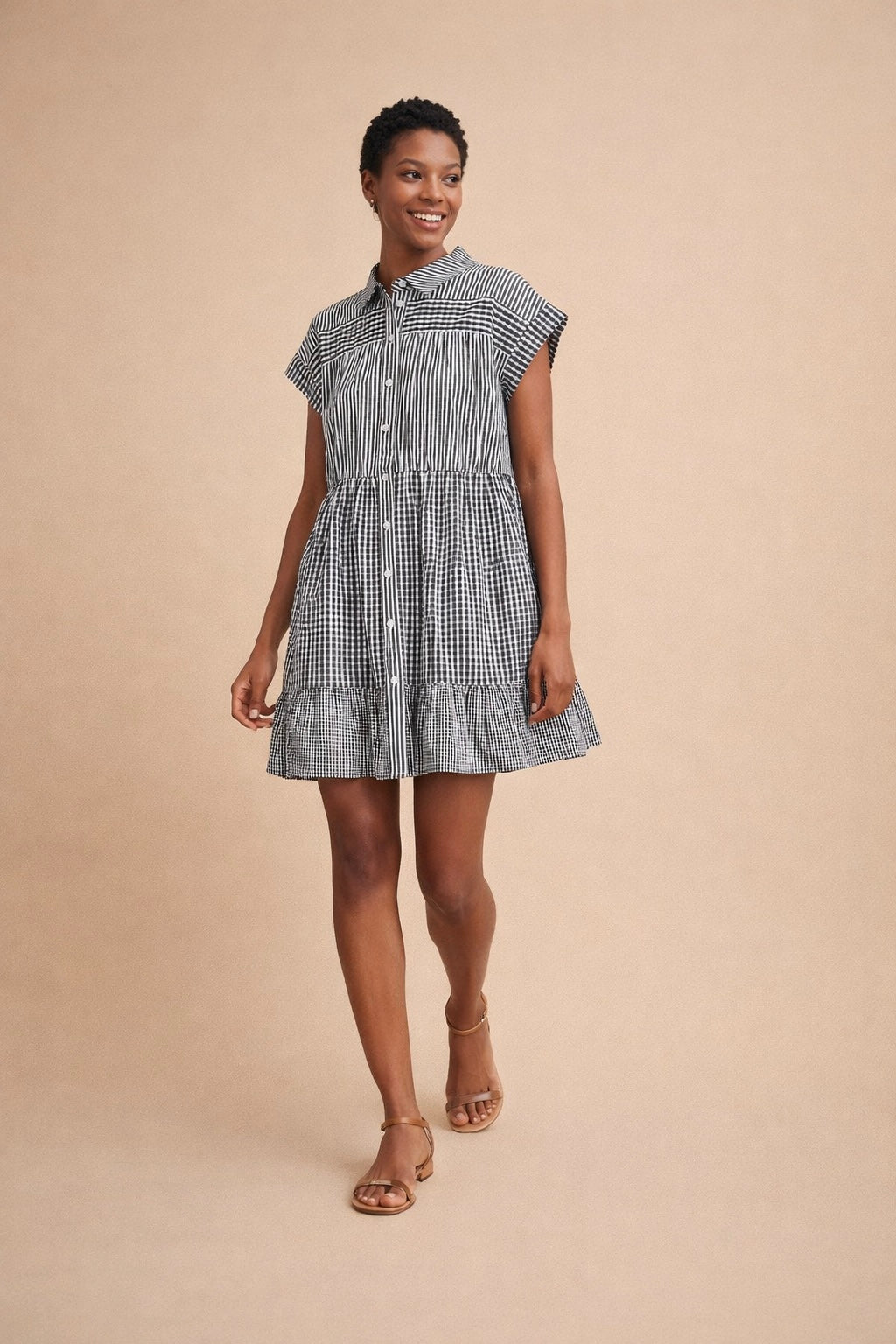 Odette Gingham & Stripes Button Up Dress