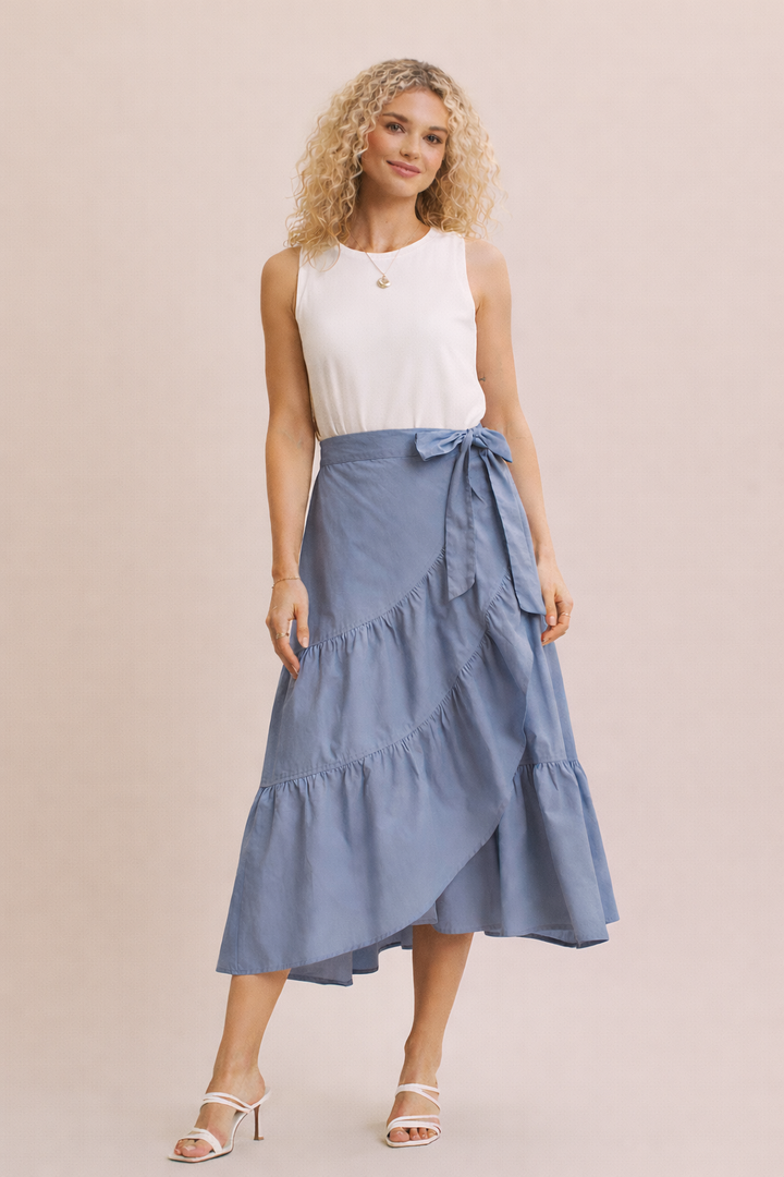 Lila Coastal Tiered Wrap Midi Dress