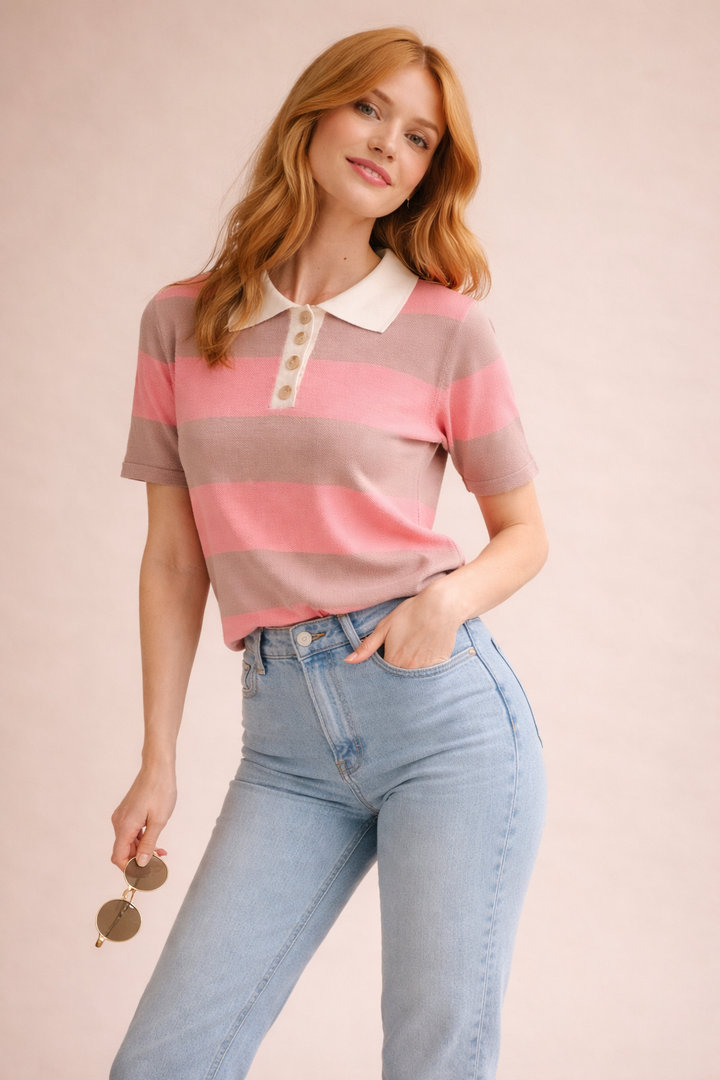 Sydney Striped Knit Short Sleeve Sweater Polo