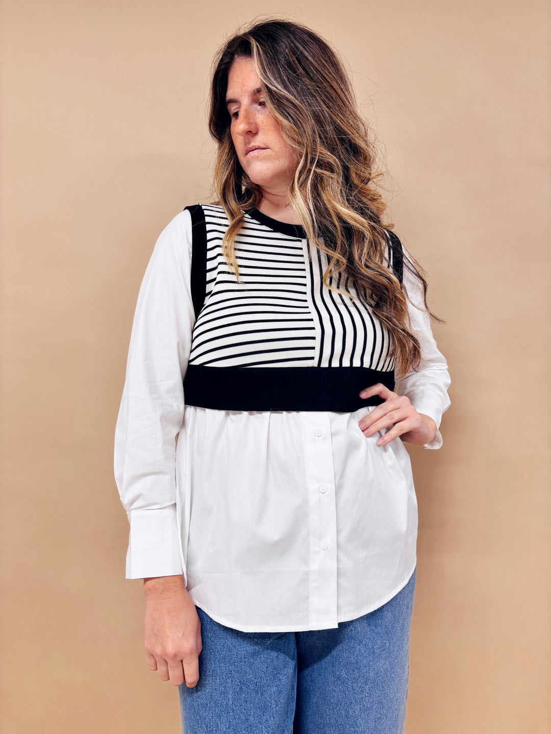 Lydia Striped Mixed Media Blouse