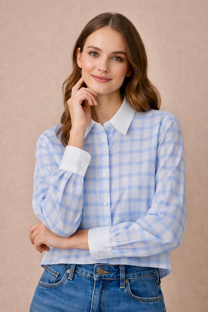 Danielle Plaid Contrast Collar Button Down Blouse