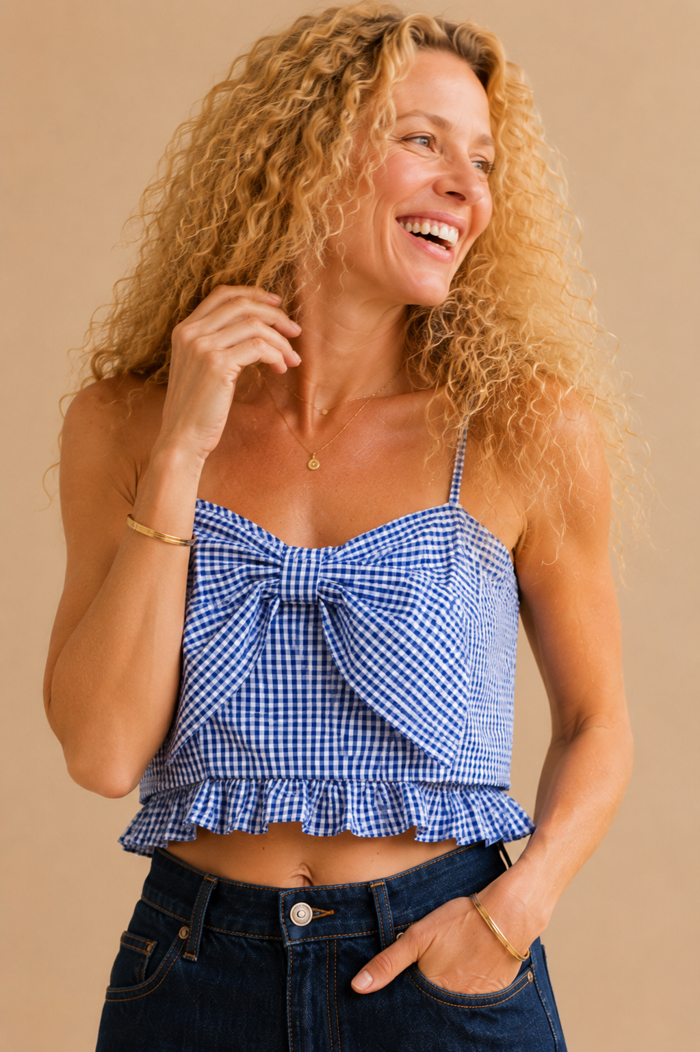 Camille Gingham Ruffle Hem Bow Front Tank Top