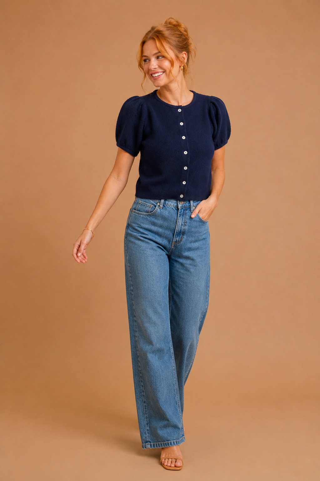 Harper Puff Sleeve Crew Neck Button Down Knit Top