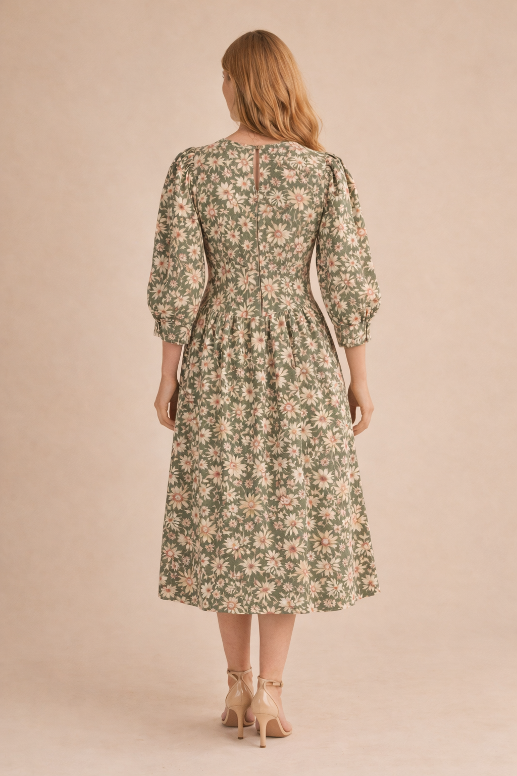 Nora Floral Print Pleated Waist Midi Dress
