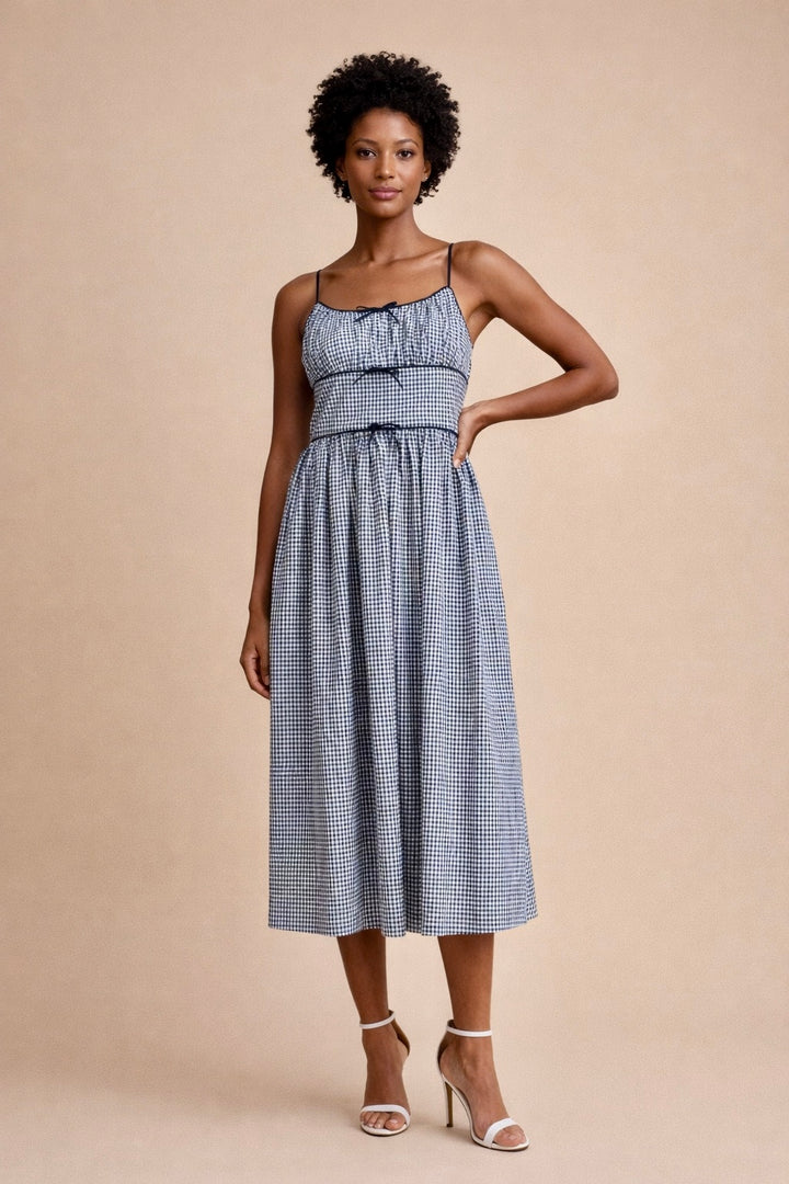 Brielle Gingham Bow Tie Front Ruched Bodice Midi Dress