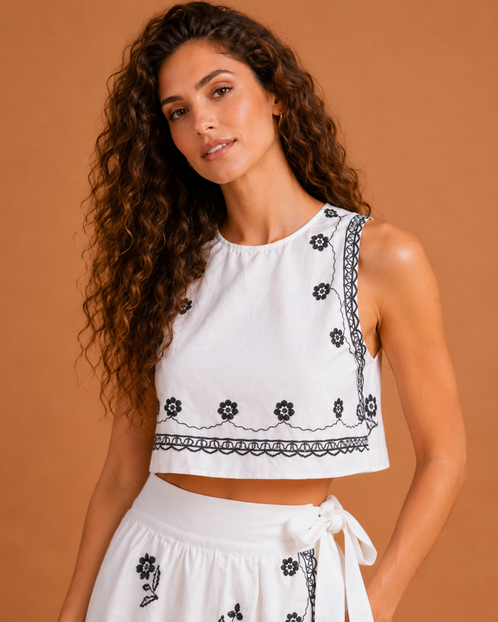 Rosalie Embroidered Sleeveless Crop Top