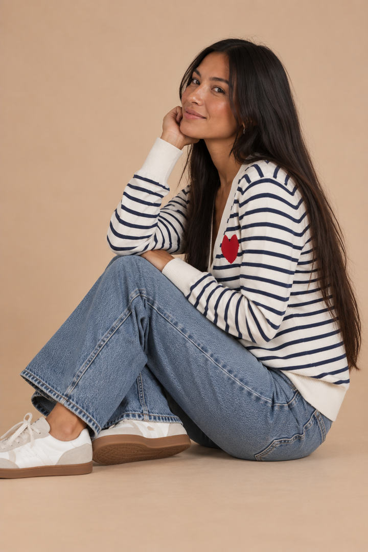 Loreliea Embroidered Heart Patch Striped Cardigan
