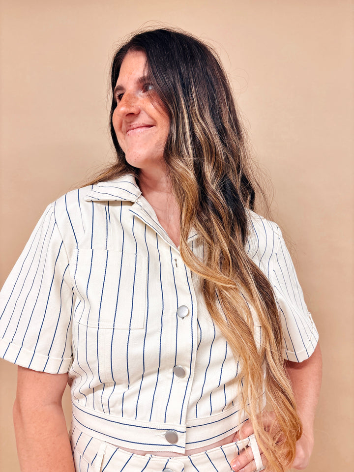 Evann Striped Short Sleeve Denim Top