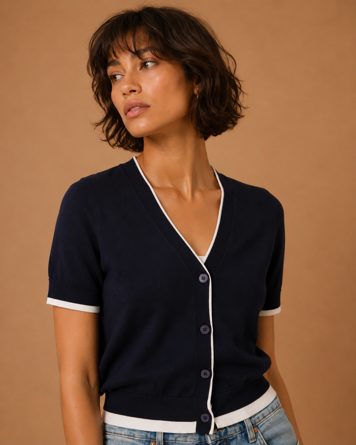 Vivienne Piped Hem V-Neck Cardigan