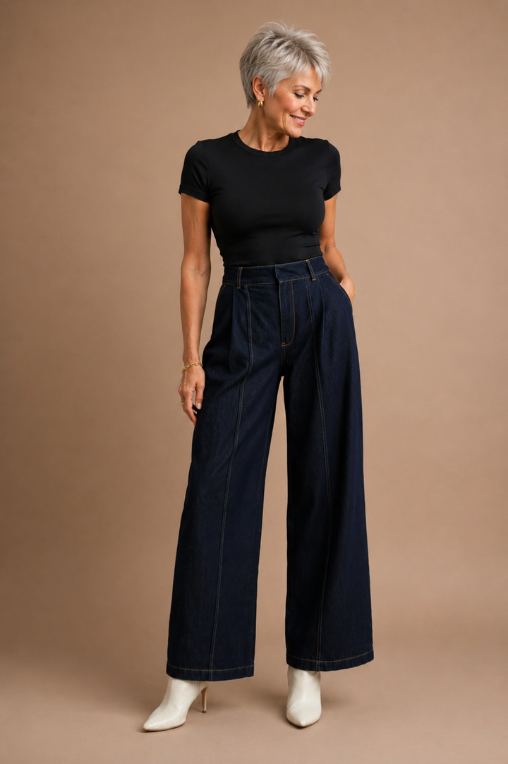 Penelope High-Waisted Wide Leg Front Pleated Denim Jean Pants