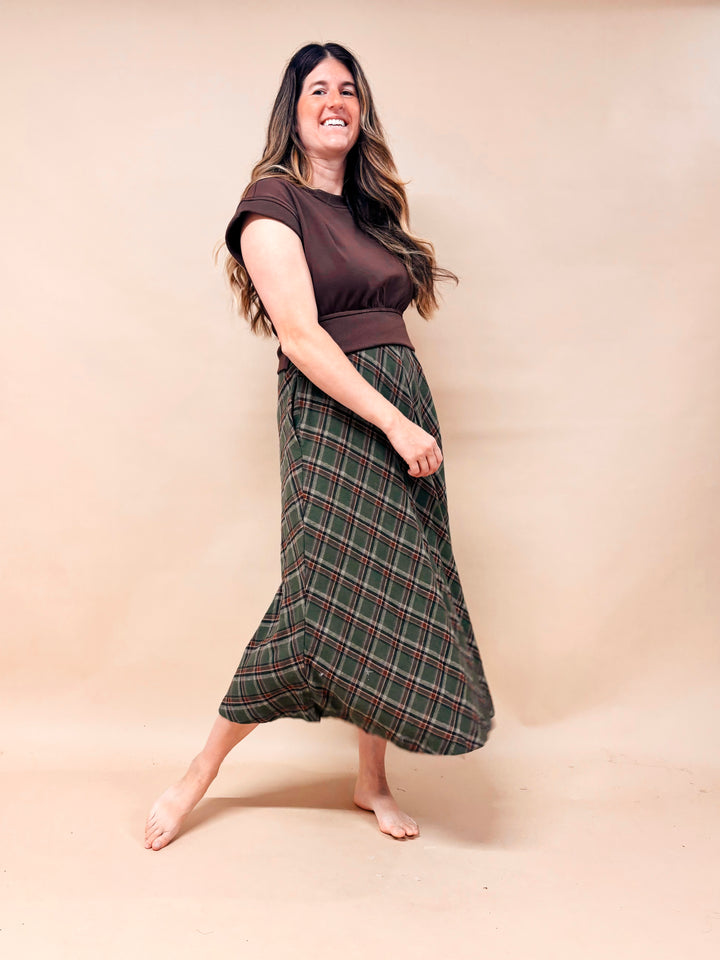 Adeline Mixed Media Plaid Midi Dress