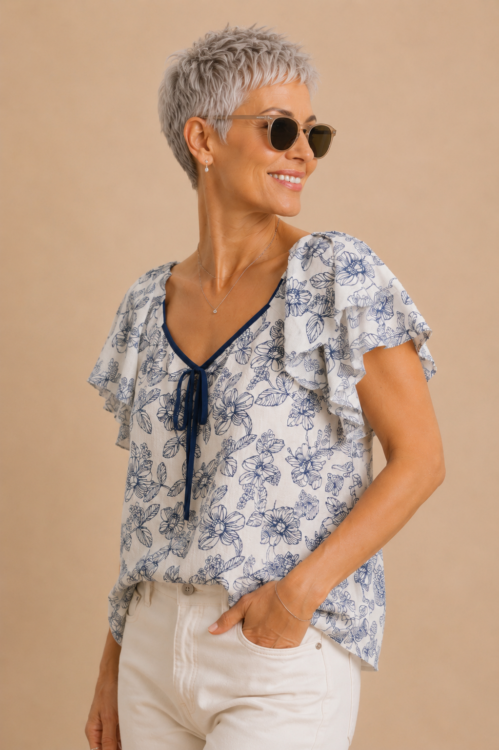 Adeline Sunlit Floral Ruffle Sleeve Crinkled Top