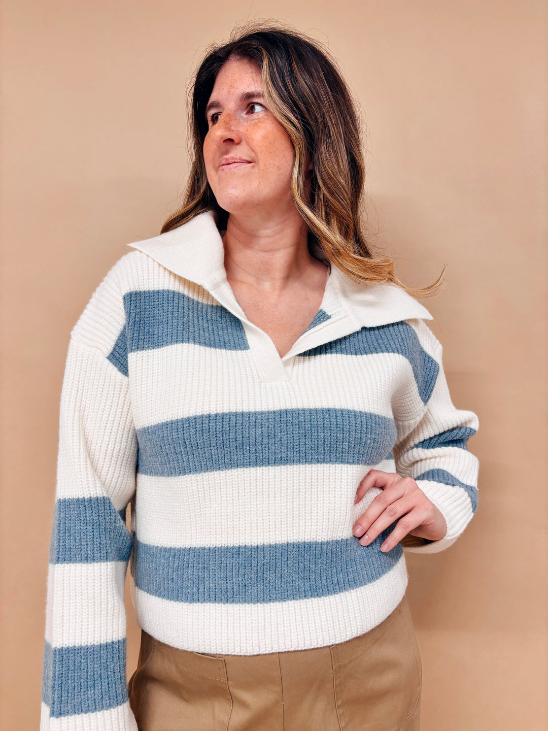 Clara Striped Drop Shoulder Collared Sweater