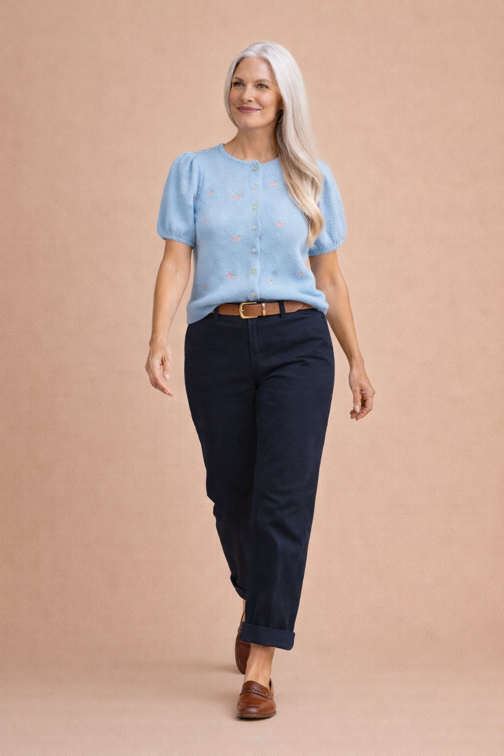 Freya Floral Embroidered Puff Sleeve Button Down Knit Top