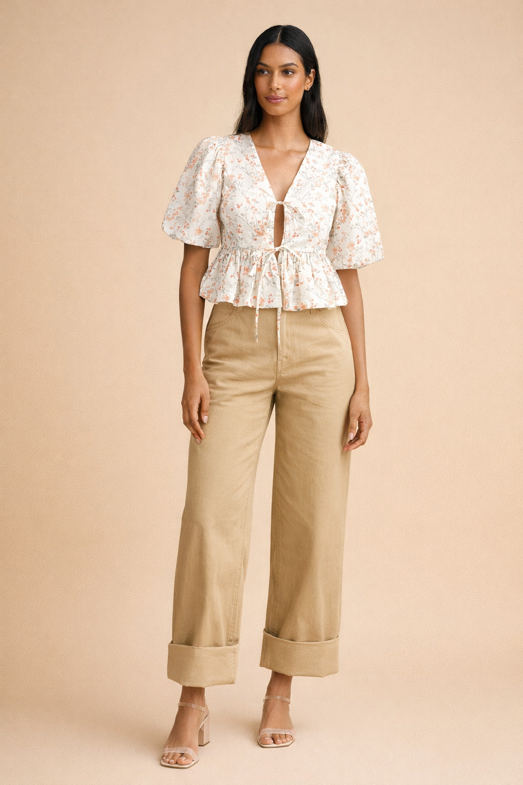 Stacey Floral Front Bow Tie Peplum Top