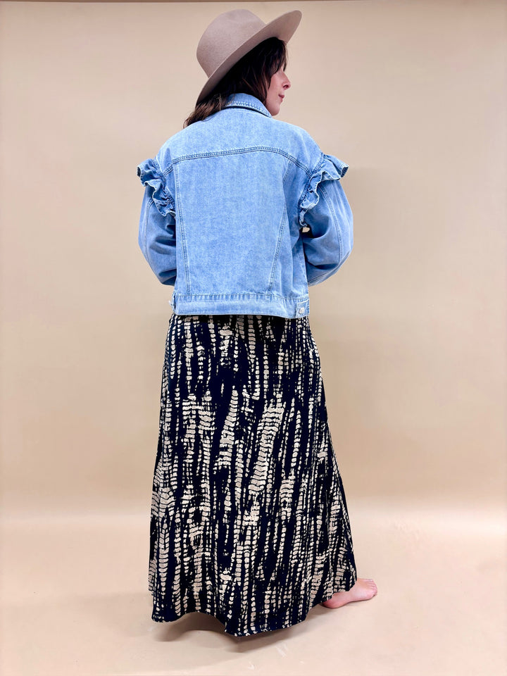 Bea Rhinestone Button Ruffled Denim Jacket