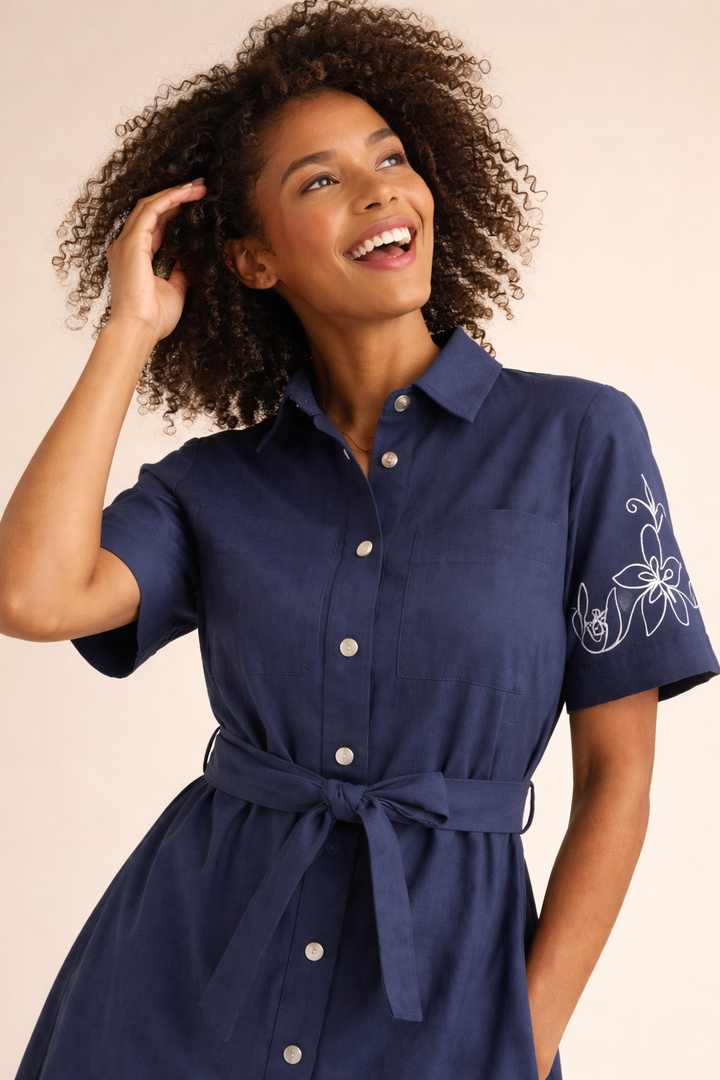 Jade Belted Floral Embroidered Denim Shirt Dress