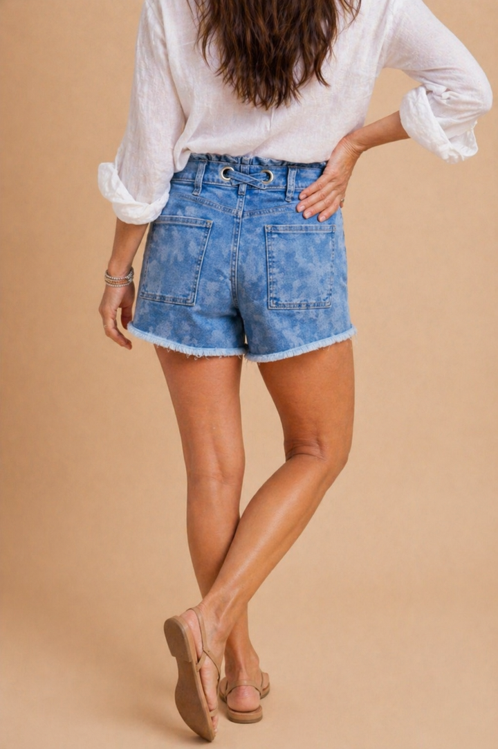 Zoe Daisy Print Drawstring Waist Stretch Denim Shorts