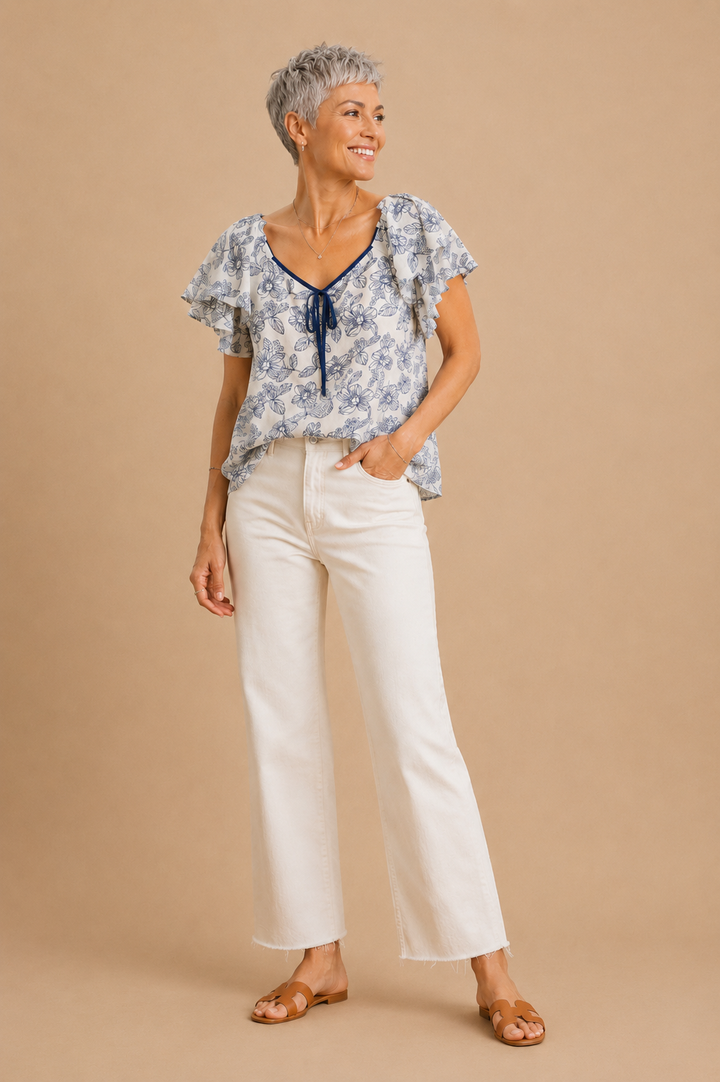 Adeline Sunlit Floral Ruffle Sleeve Crinkled Top