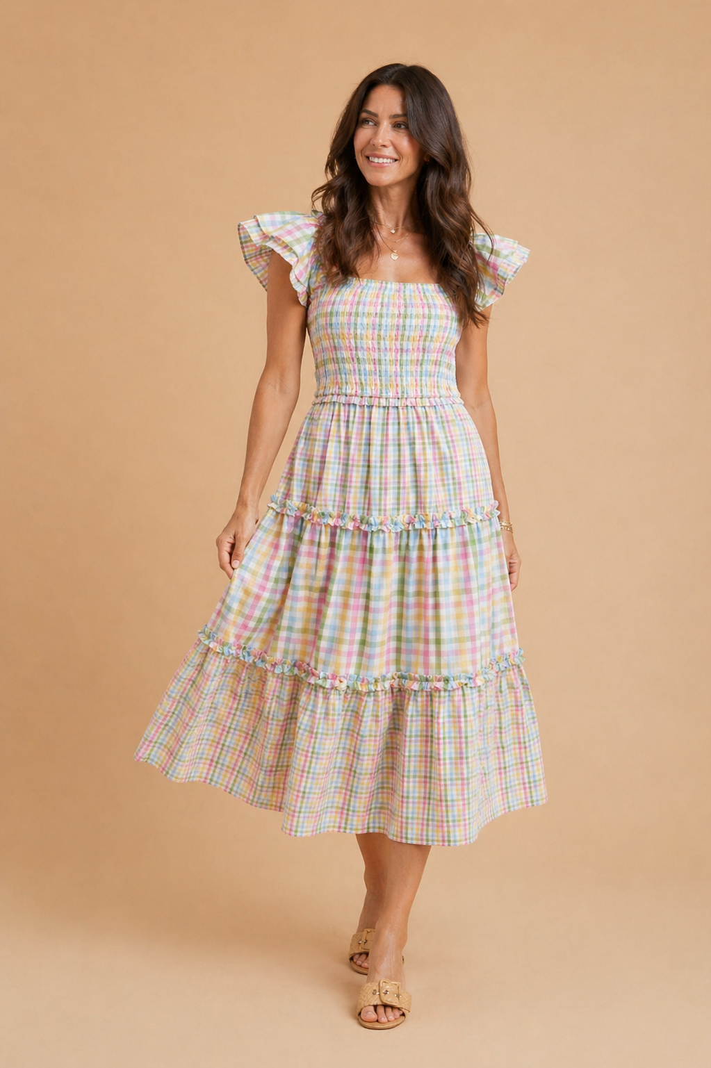 Mara Gingham Check Flutter Sleeve Tiered Midi Dress