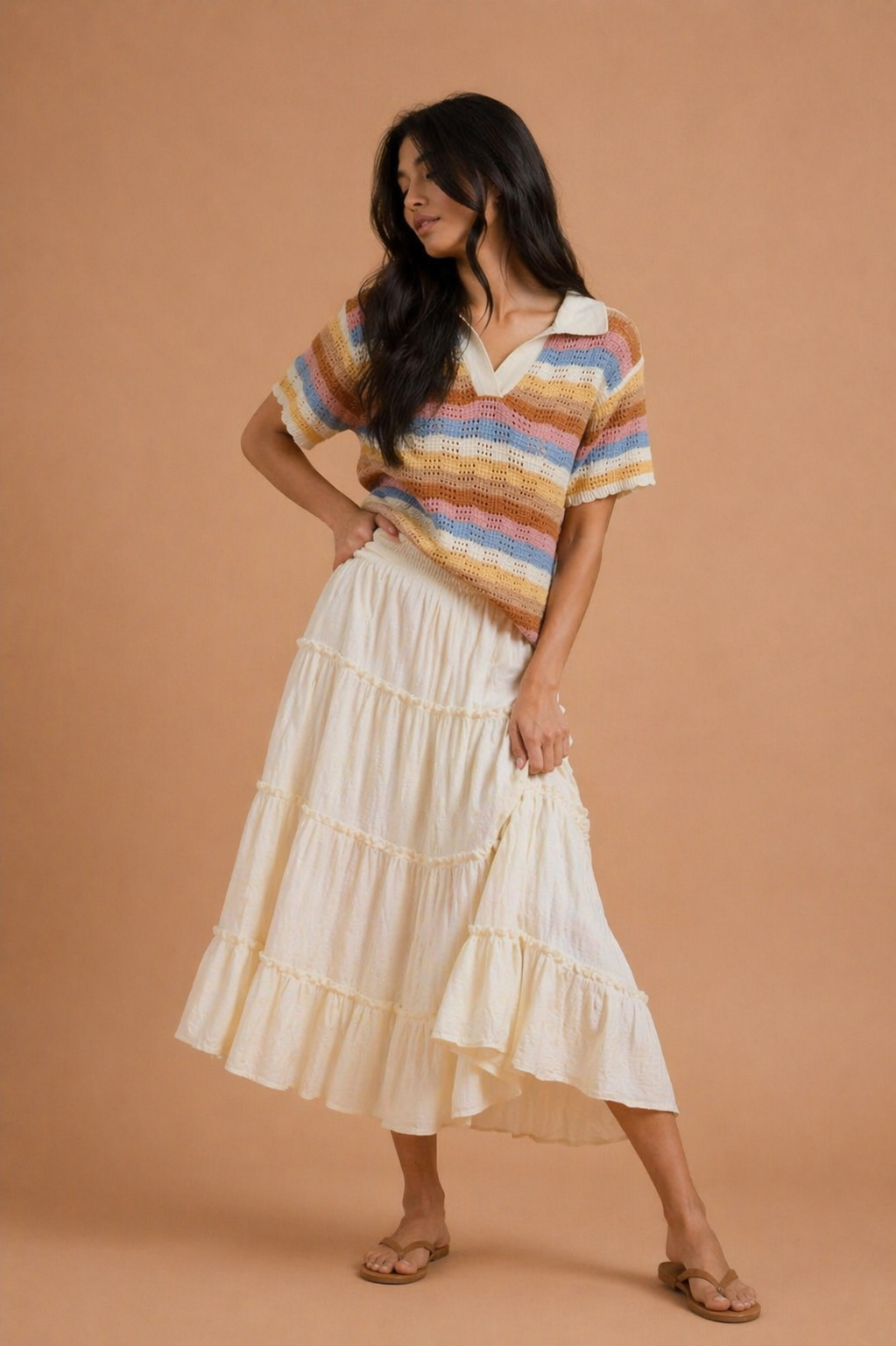 Lydia Scallop Hem Stripe Polo Sweater