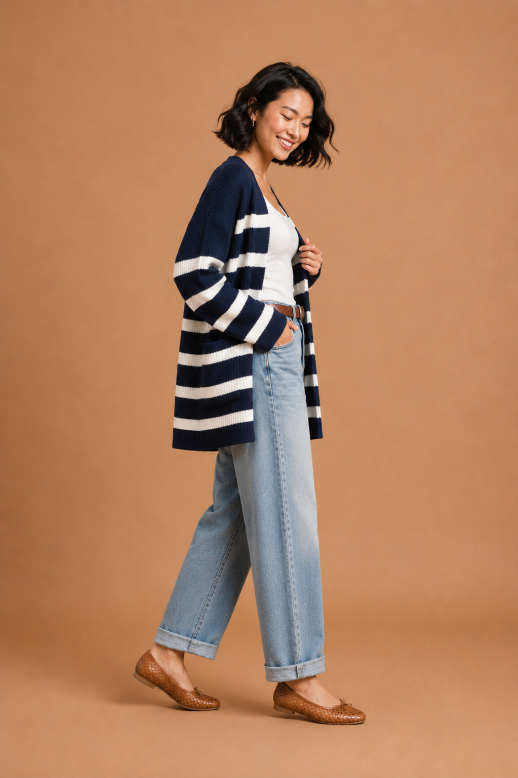 Rory Striped Knit Open Front Midi Cardigan