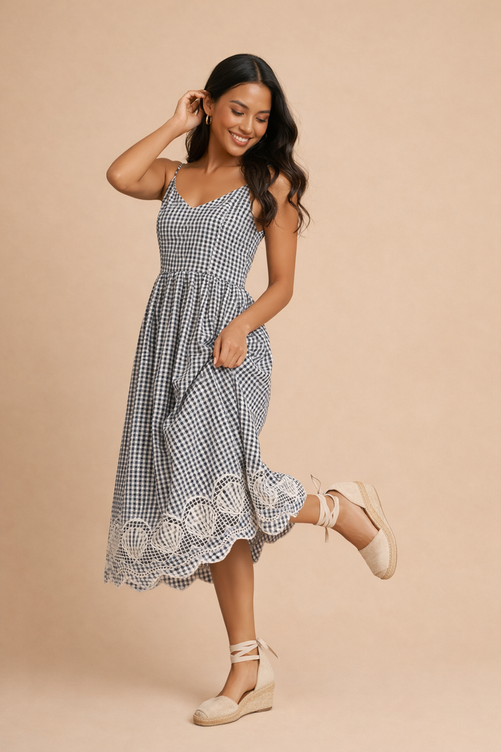 Josephine Embroidered Scallop Hem Gingham Midi Dress