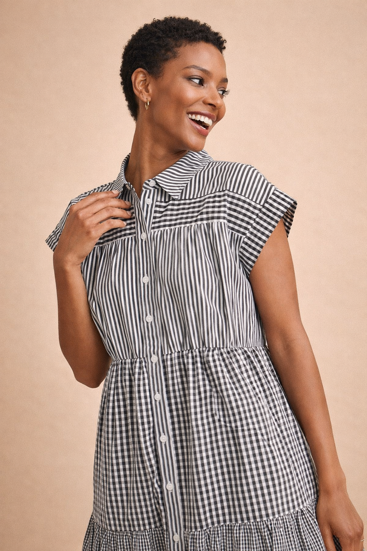 Odette Gingham & Stripes Button Up Dress