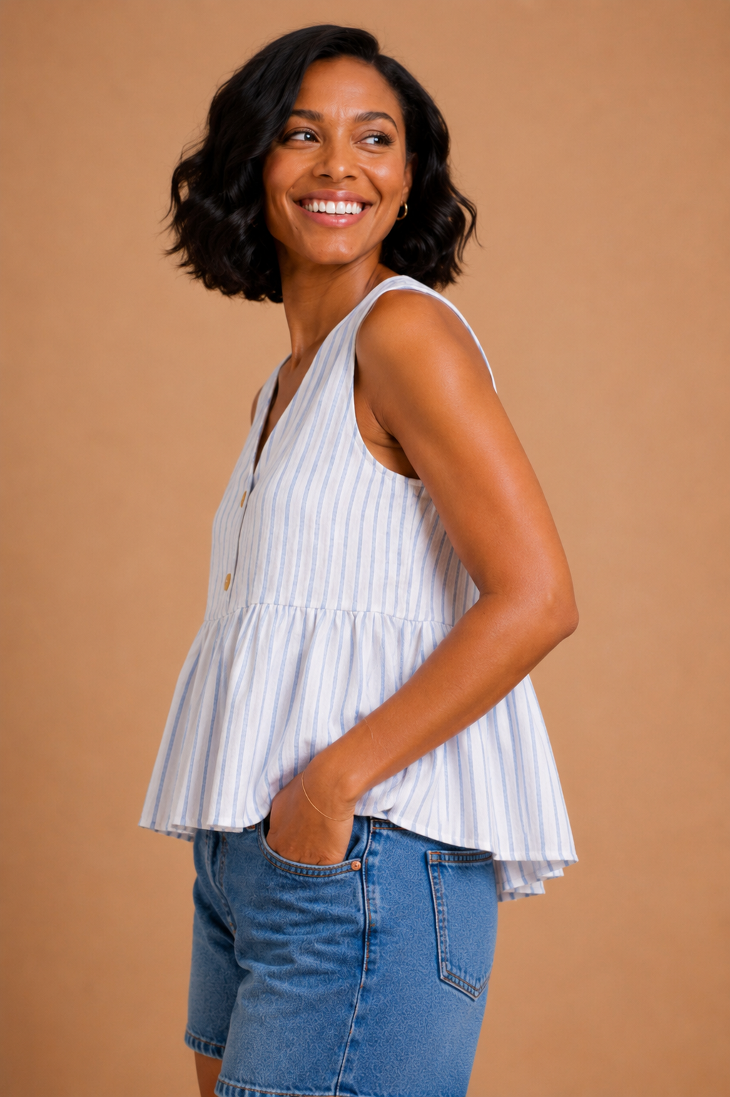 Freya Striped Woven V-neck Sleeveless Peplum Top