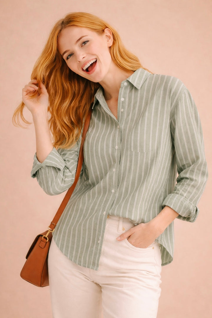 Brielle Striped Button-Up Linen Blend Shirt