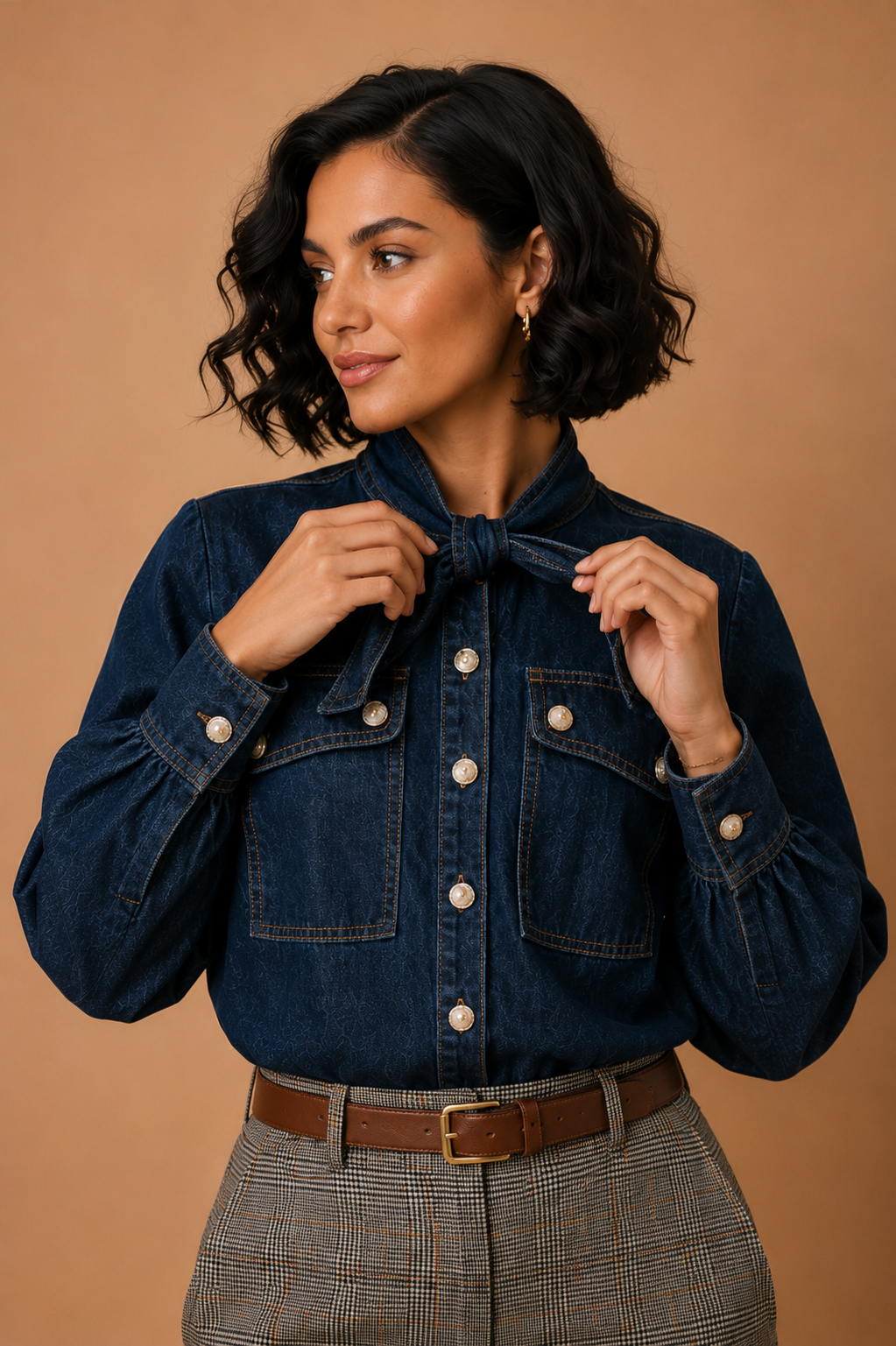 Valerie Tie Neck Button Down Denim Top