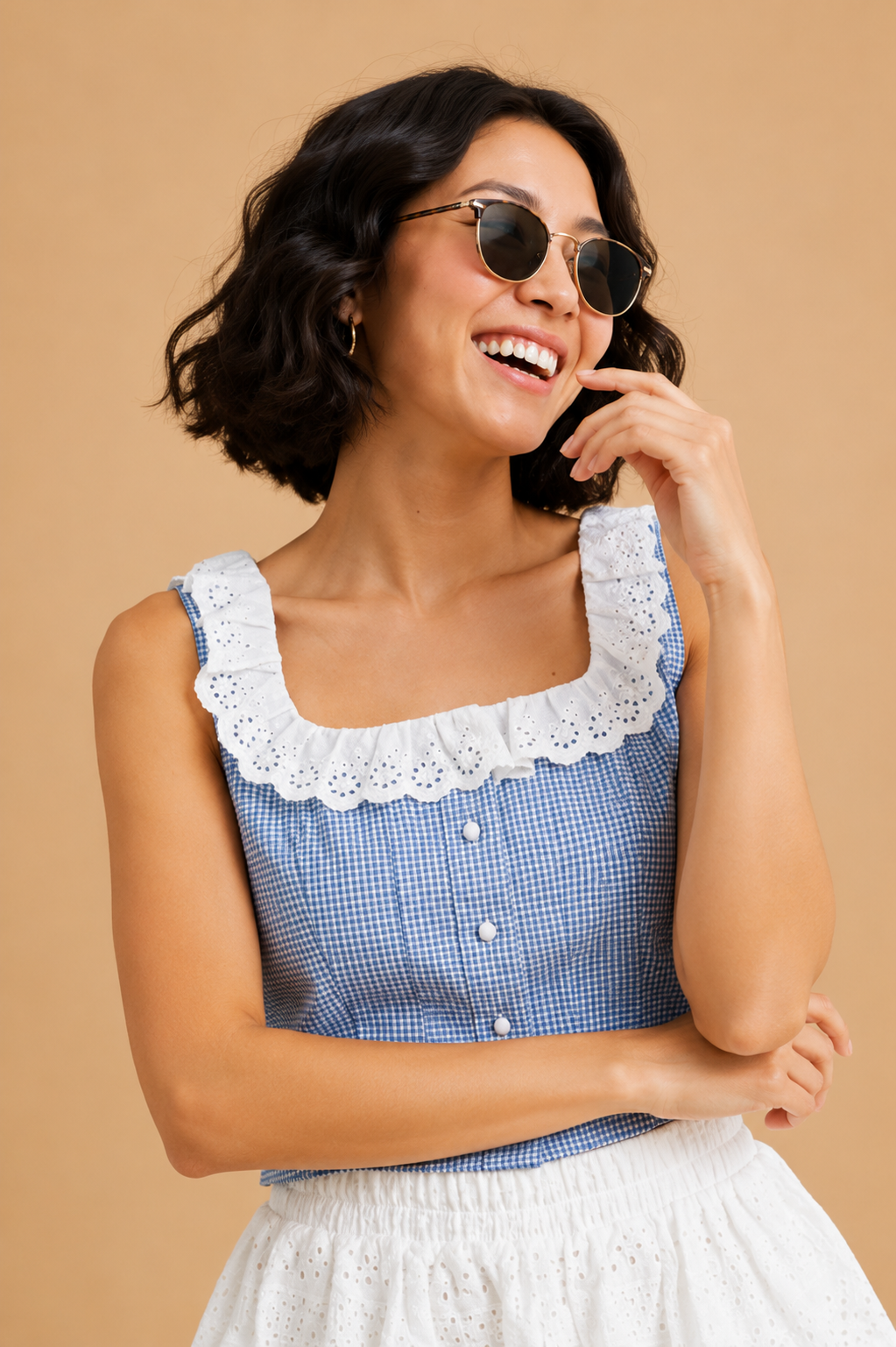Delaney Gingham Lace Hem Neck Button Down Top