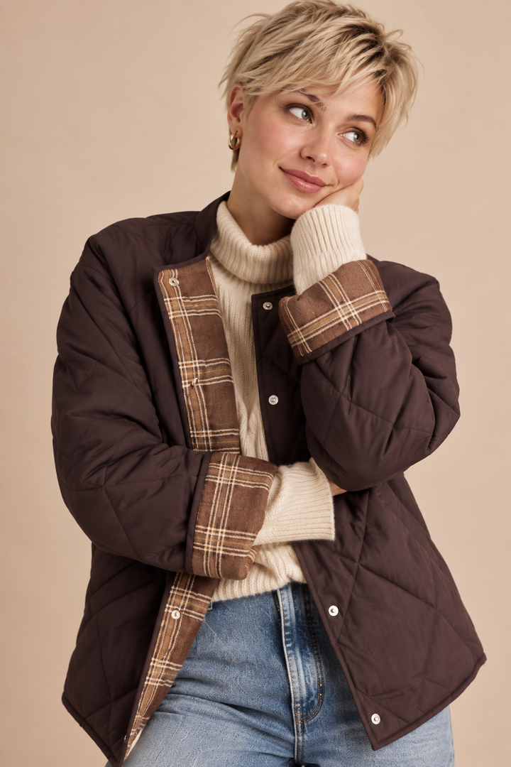 Stacey Collarless Plaid Contrast Puffer Jacket