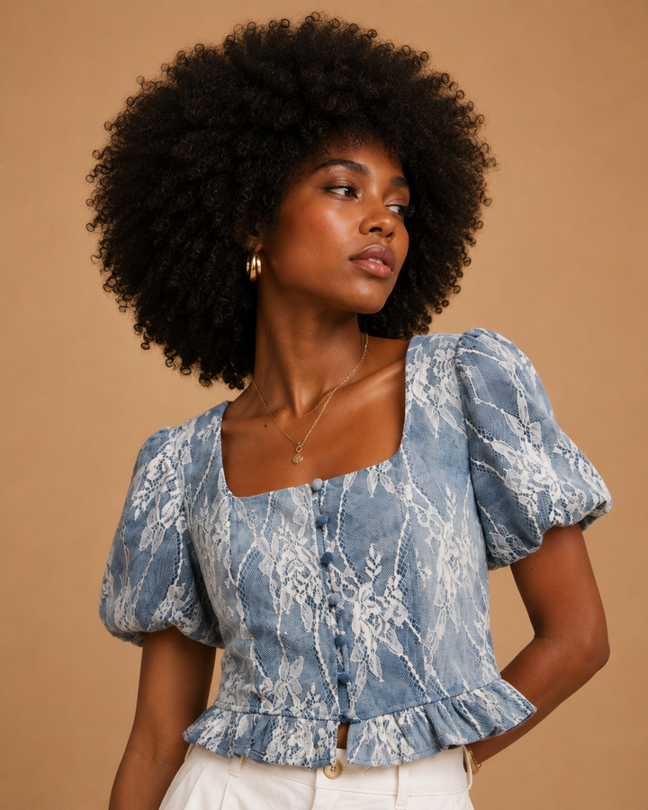 Isabelle Lace Overlay Peplum Denim Top