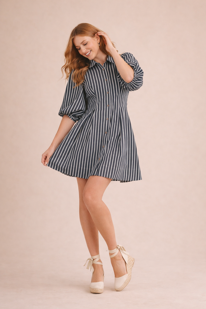 Piper Striped Denim Bubble Sleeve Mini Dress