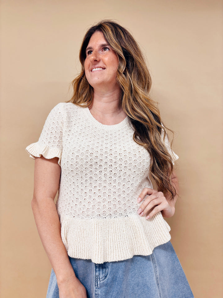 Quinn Pointelle Knit Ruffle Detail Sweater Top