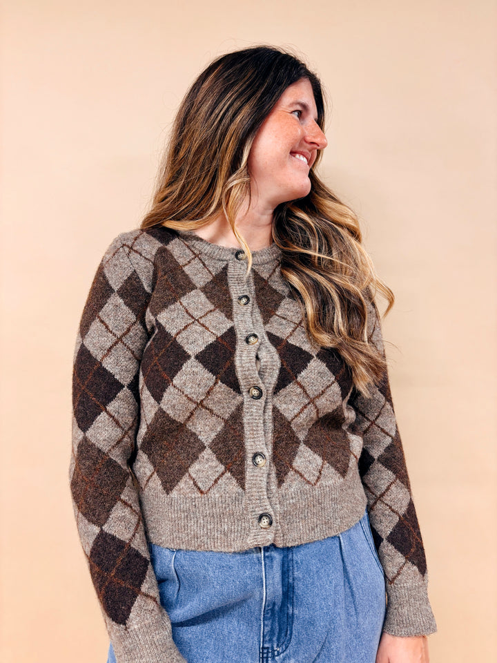 Trin Wool Blend Argyle Cardigan