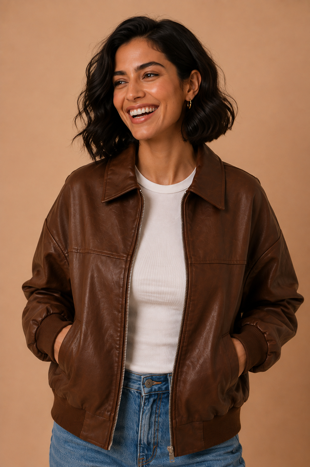 Vivian Vintage Faux Leather Zip Up Bomber Jacket