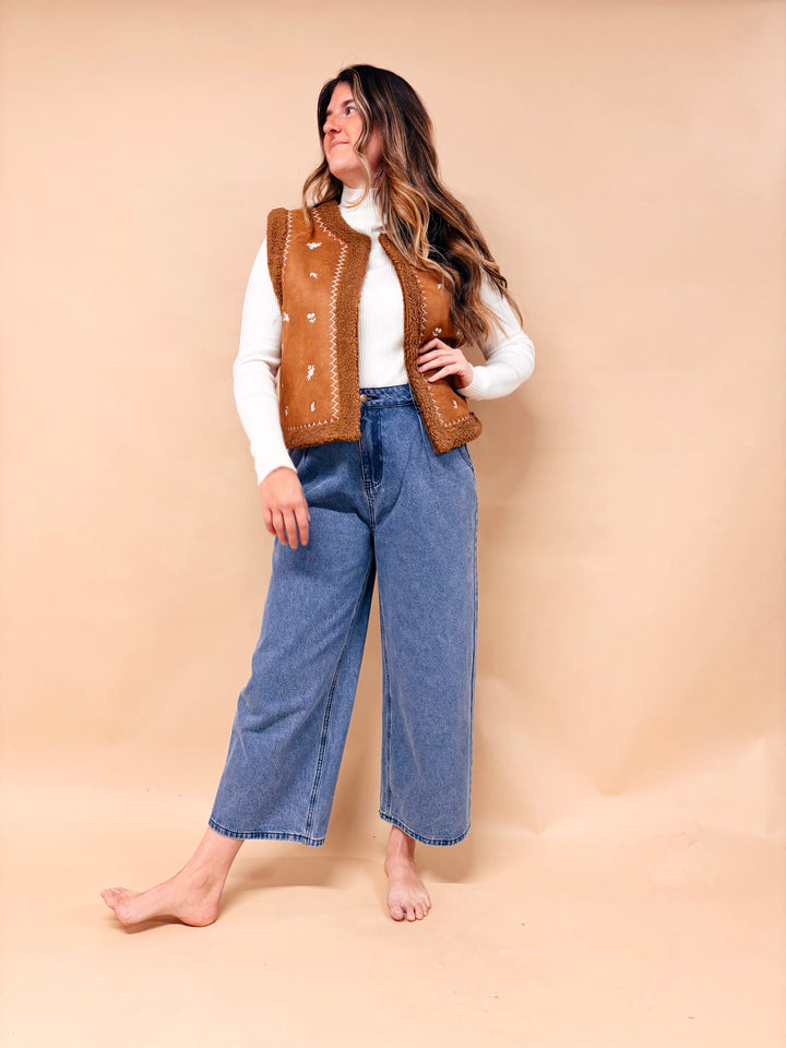 Charlotte Embroidered Suede Sherpa Lined Vest