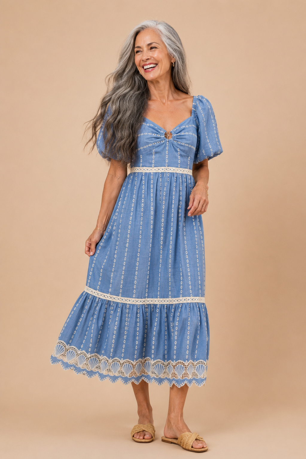 Valerie Embroidered Eyelet Seashell Hem Midi Dress