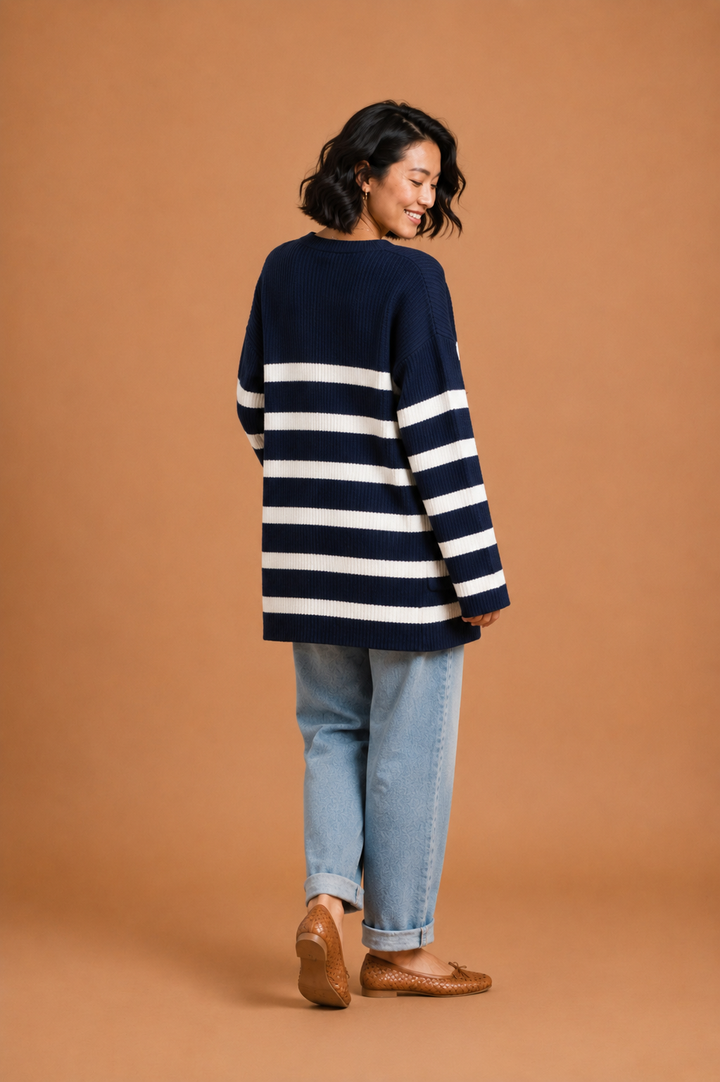 Rory Striped Knit Open Front Midi Cardigan