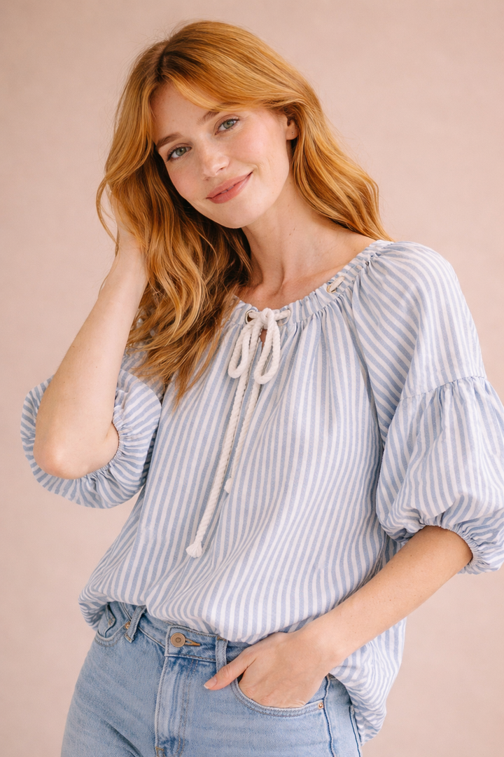 Lori Striped Bubble Top With Grommet Neckline