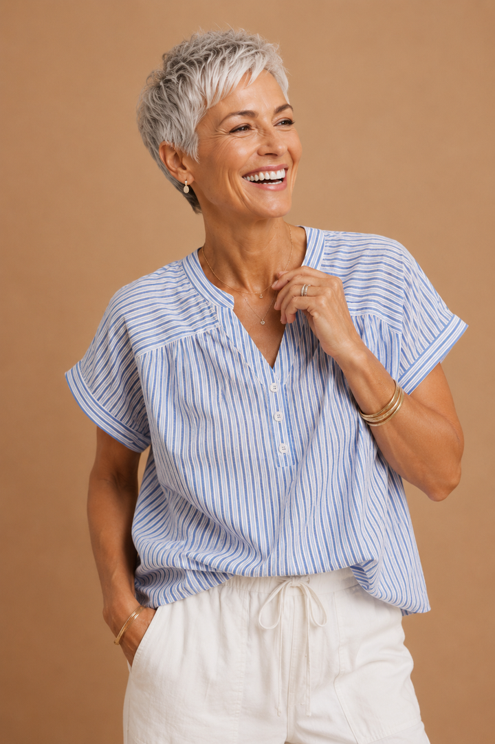 Clara Harbor Morning Striped Drop Shoulder Blouse Top