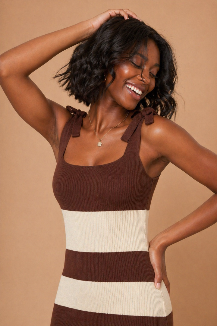 Sienna Shoulder Tie Striped Knit Midi Dress