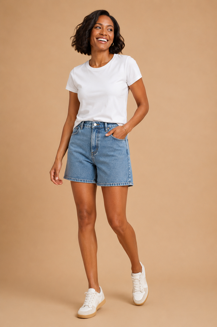 Celeste Stretch Denim High Waist Bermuda Mom Shorts
