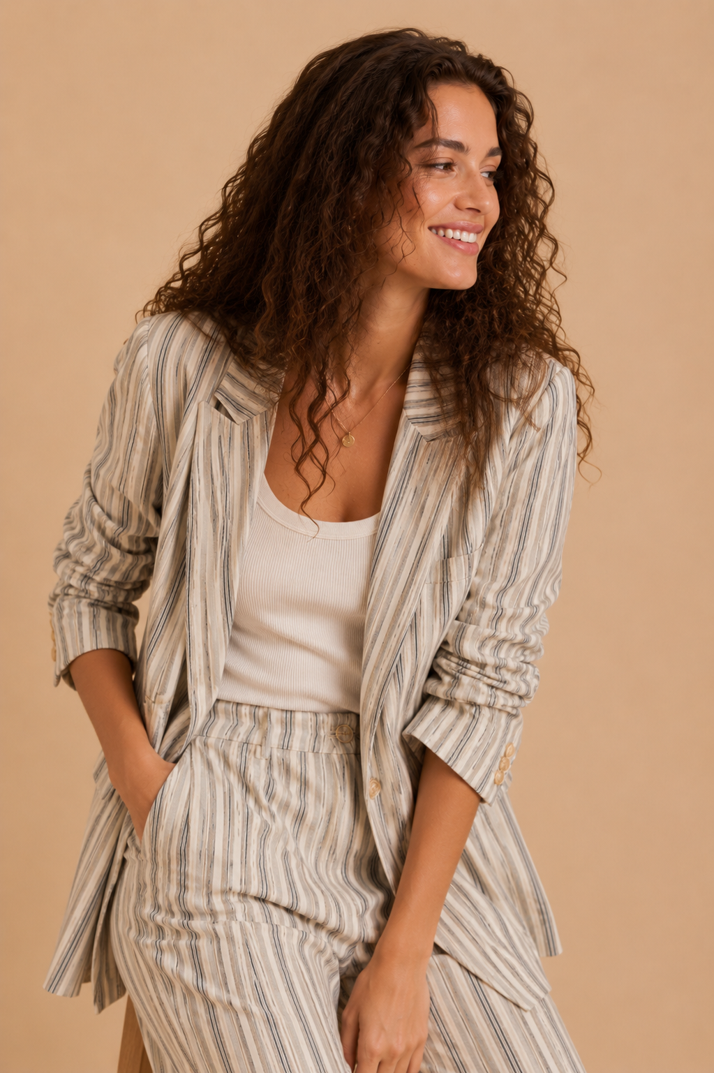 Daphne Striped Cotton Linen Blend Blazer