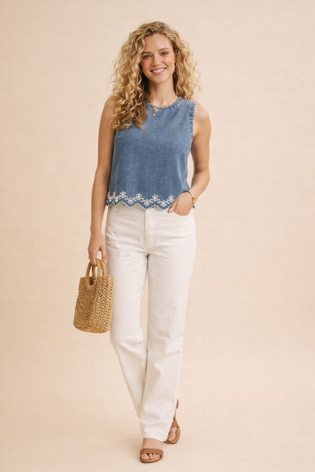 Jade Mineral Washed Embroidered Denim Top